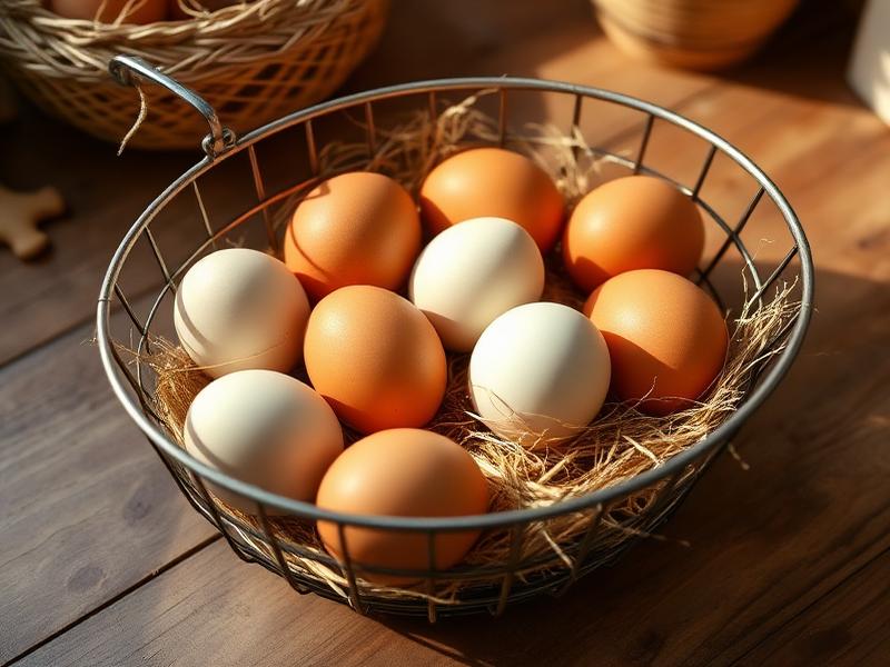 Fresh brown and white farm eggs in a wire basket