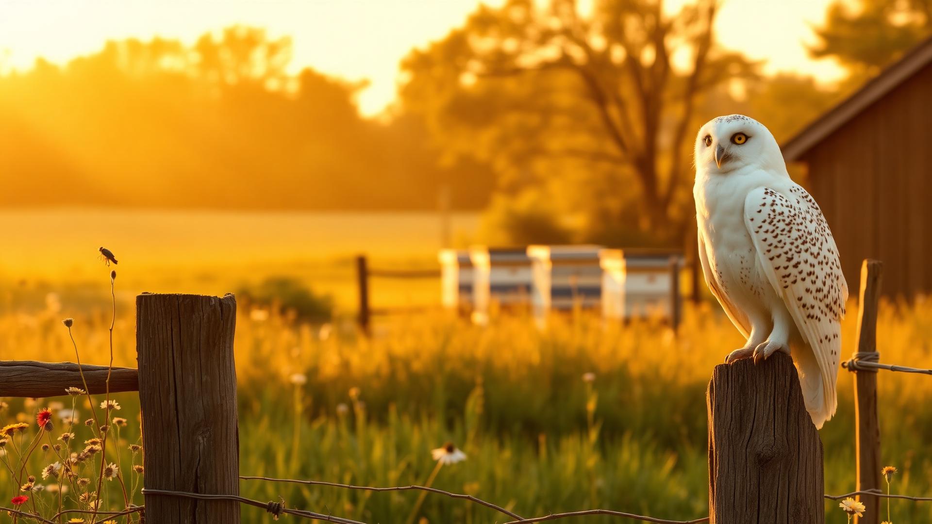 White Owl Farm at golden hour with a snowy owl on a fencepost